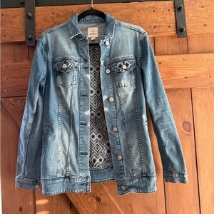LuLaRoe Light Blue Denim Jacket with Geometric Lining